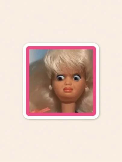 Funny Shocked Doll Face Sticker - Viral Reaction Meme Decal, Aesthetic Unhinged Girl Humor Sticker For Laptop & Kindle, Sassy Pink Border Decor Gift