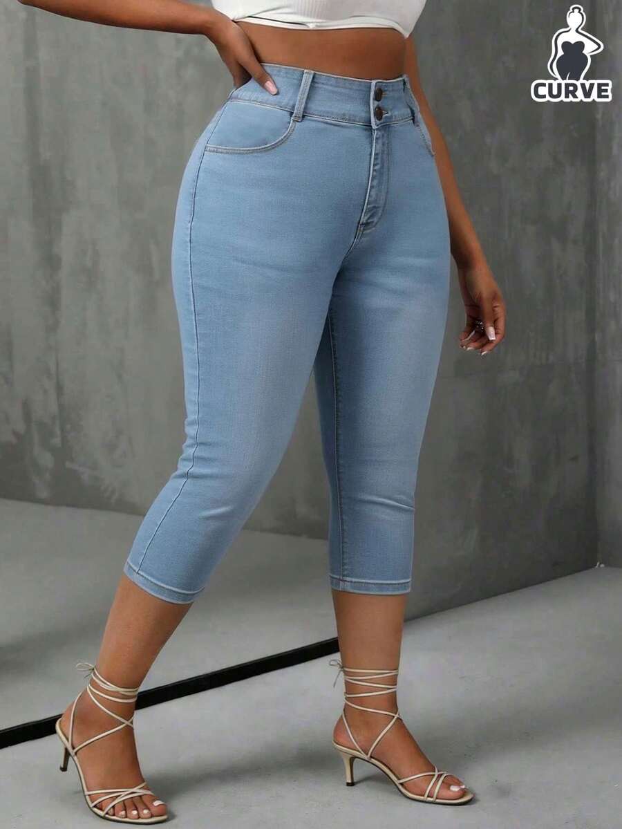 Plus Size Light Wash High Waist Skinny Capri Jeans - Light Wash - View 1