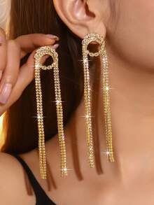 1对多层长流苏几何水晶锆石全镶耳环，时尚水钻耳环，适合搭配晚礼服，日常佩戴闪亮耳环 - 鋯石流蘇耳環 - 查看 10