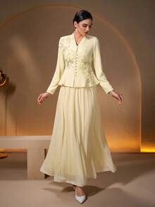 2pcs Women's Elegant V-Neck Applique Design Pleated Dress, Suitable For Daily, Festival, Casual Occasions, Solid Color Spring - Pale Yellow - View 3