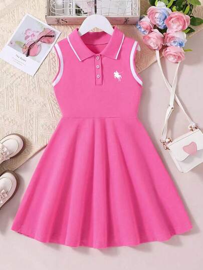 Vestido casual con cuello polo y estampado de dibujos animados para niñas pequeñas
