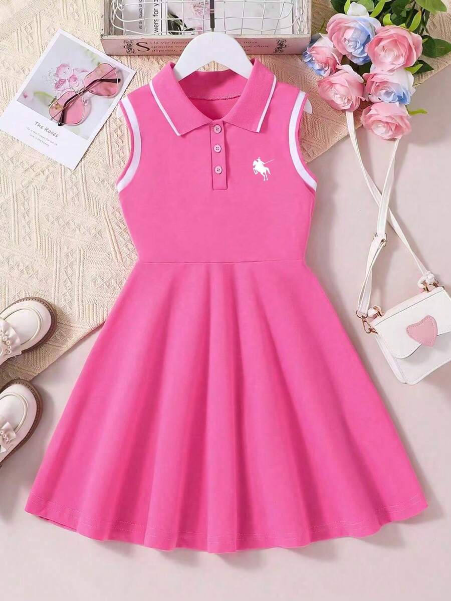 Vestido casual con cuello polo y estampado de dibujos animados para niñas pequeñas - Rosa Fucsia - Ver 1