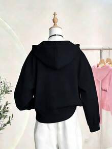 春夏秋季女款純棉拉鍊連帽衫，休閒寬鬆Y2K街頭風連帽衛衣，多功能長袖外套，適合日常居家穿著，柔軟透氣舒適。 - 黑色 - 查看 3