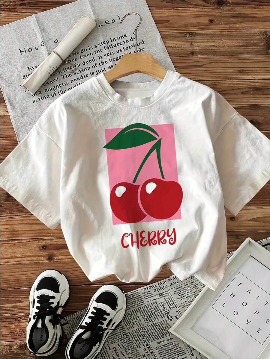 Flat Cherry CHeRRY Print Short Sleeve Round Neck T-Shirt - White - View 1