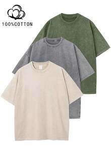 Three-Piece Solid Color T-Shirts Fashion Retro Men's T-Shirts 230g Heavyweight Cotton Dropped Shoulder Design Unisex Short-Sleeve T-Shirts For All Seasons Casual Occasions Gift For Boyfriend 100% Pure Cotton Streetwear Designed For Young People Ideal Gift Between Friends Men's Clothing Men's T-Shirts - 綠色+灰色+杏色 - 查看 1