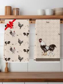 2Pcs Chicken Kitchen Towels - Retro Chicken Lady Pattern, Microfiber Absorbent & Durable, 16x24Inch For Kitchen Decor, Holiday Party Accessories - 米色 - 查看 1