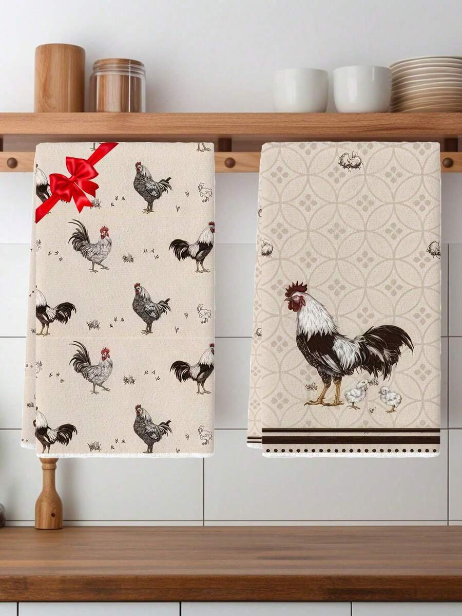 2Pcs Chicken Kitchen Towels - Retro Chicken Lady Pattern, Microfiber Absorbent & Durable, 16x24Inch For Kitchen Decor, Holiday Party Accessories - 米色 - 查看 1