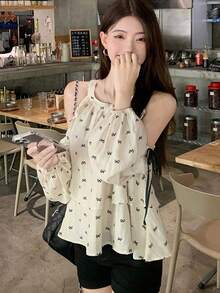 Loose Butterfly Print Off-Shoulder Blouse, Feminine Chic Long Sleeve Top - Apricot - View 5