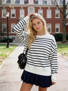 Black & White Striped Knit Cropped Sweater, Women's Casual School Style Long Sleeve Top - Black and White - View 5