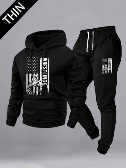 2pcs Set Includes 1 Men's Hoodie And 1 Drawstring Sweatpants, Suitable For All Seasons. Lightweight And Breathable, Printed With Interesting Wrestling And National Flag Patterns. This Sportswear Set Is Versatile, Suitable For Wrestling Training, Fitness Workout, Watching Sports Events, Daily Commute, Streetwear, Or Casual Gatherings With Friends.