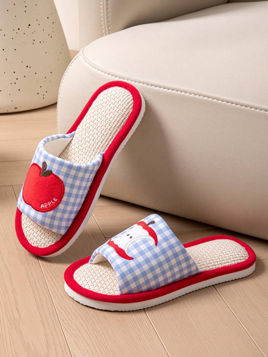 女士休闲丝绒闭趾拖鞋，草莓刺绣设计，时尚家居拖鞋，秋冬款 - 藍色格子蘋果 - 查看 1
