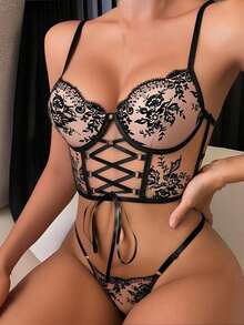 Women's Erotic Naughty Lingerie Floral Embroidery Sheer Bra Tops And Thong Sets For Cosplay Party - 黑色 - 查看 4