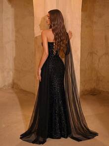 ADYCE Women's Long Slit Shoulder Formal Dress, Suitable For Balls, Parties, Banquets, Galas, Elegant Sequin Embellished, Can Be Worn As Wedding Guest Dress, New Year Dress, Etc. Spring Black Party - 黑色 - 查看 2