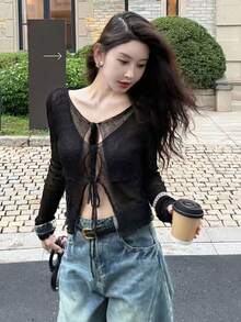 Sexy Sheer Cutout Tie-Front Long Sleeve Knit Cardigan, Suitable For Spring/Summer, Chinese New Year, Valentine's Day, Dates, Vacations, Casual Wear - Black - View 4