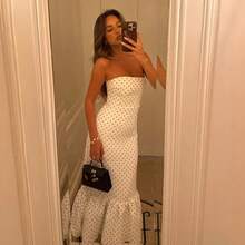 Women's Long Dress Stylish And Elegant Polka Dot Print Bandeau Slim Pleated Patchwork Hip Wrapping Sexy Summer Vacation Fresh Style Dress - 白色 - 查看 13