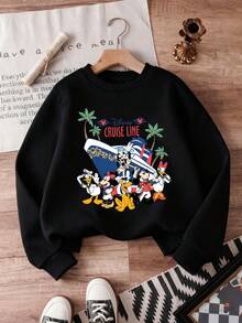 1pc Disney Mickey Mouse & Friends Classic Cruise Party Graphic Tween Boys Retro Sweatshirt - Skin-Friendly & Durable, Great For Playdates & Theme Park Visits - màu đen - Xem 1