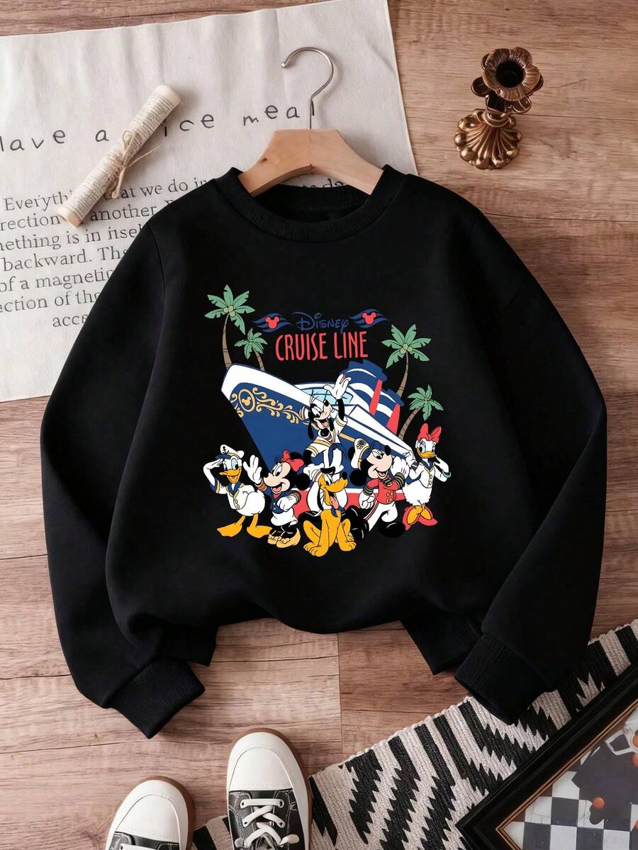 1pc Disney Mickey Mouse & Friends Classic Cruise Party Graphic Tween Boys Retro Sweatshirt - Skin-Friendly & Durable, Great For Playdates & Theme Park Visits - màu đen - Xem 1