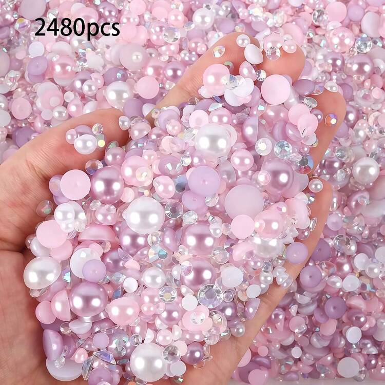 3-10mm Mixed Color AB Flat Bottom Semi-Round Iridescent ABS Faux Pearl Beads, DIY Handmade Decoration For Phone Cases, Nail Art, Shoes, Clothing, Bags And Other Daily Accessories, Cream Gel Phone Case Material, Shiny 3D Decorative Craft Supplies - 2480 - View 4