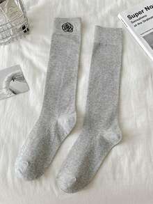 1 par de calcetines largos de estilo japonés bordados con flores, calcetines de unicolor minimalistas y elegantes para mujer - Multicolor - Ver 13