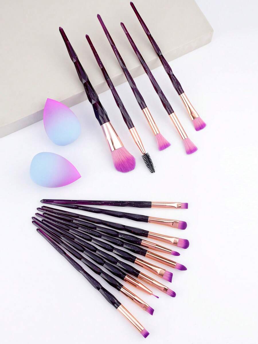 15pcs Make Up Brushes Crystal Handle Highlighter Makeup Foundation Makeup With 2 Makeup Sponge - Multicolor - View 1