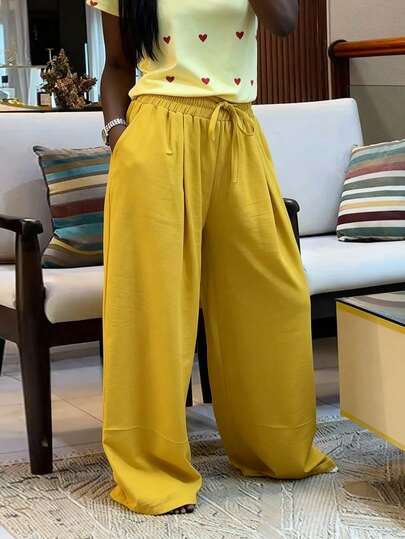 Women's Casual Loose Straight Leg Pants With Pockets, Flowy Wide Leg Trousers With Drawstring, Elegant Leisure Holiday Pants Spring