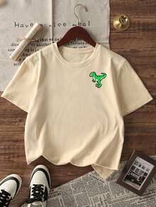 1件幼儿男童休闲恐龙字母印花圆领短袖T恤，夏季学生装 - 恐龙字母印花T恤为每个孩子带来欢乐和幸福！ - 杏色 - 查看 4