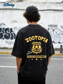 Two Side Disney Zootopia Policel Department Badge T-Shirt, Disney Zootropolis T-Shirt, Men Clothes, Summer Retro Washed Double-Sided Printed T-Shirt (230g Pure Cotton T-Shirt) Men's Casual Sports T-Shirt, Disneyland Family Matching Trip, Disney Birthday Gift,Streetwear, Party, Daily Wear, Men's And Women's T-Shirts, Perfect Gifts - 黑色 - 查看 2