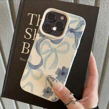 1 pieza Funda de teléfono con diseño de lazo floral azul fresco de material TPU compatible con iPhone 17 Pro Max/17/16 Pro Max/15/13/12/11, S20 FE/A15/S24/A55, Note 11/Note 12/Note 13 Pro, cobertura completa, protección suave anti-caídas - Blanco - Ver 2