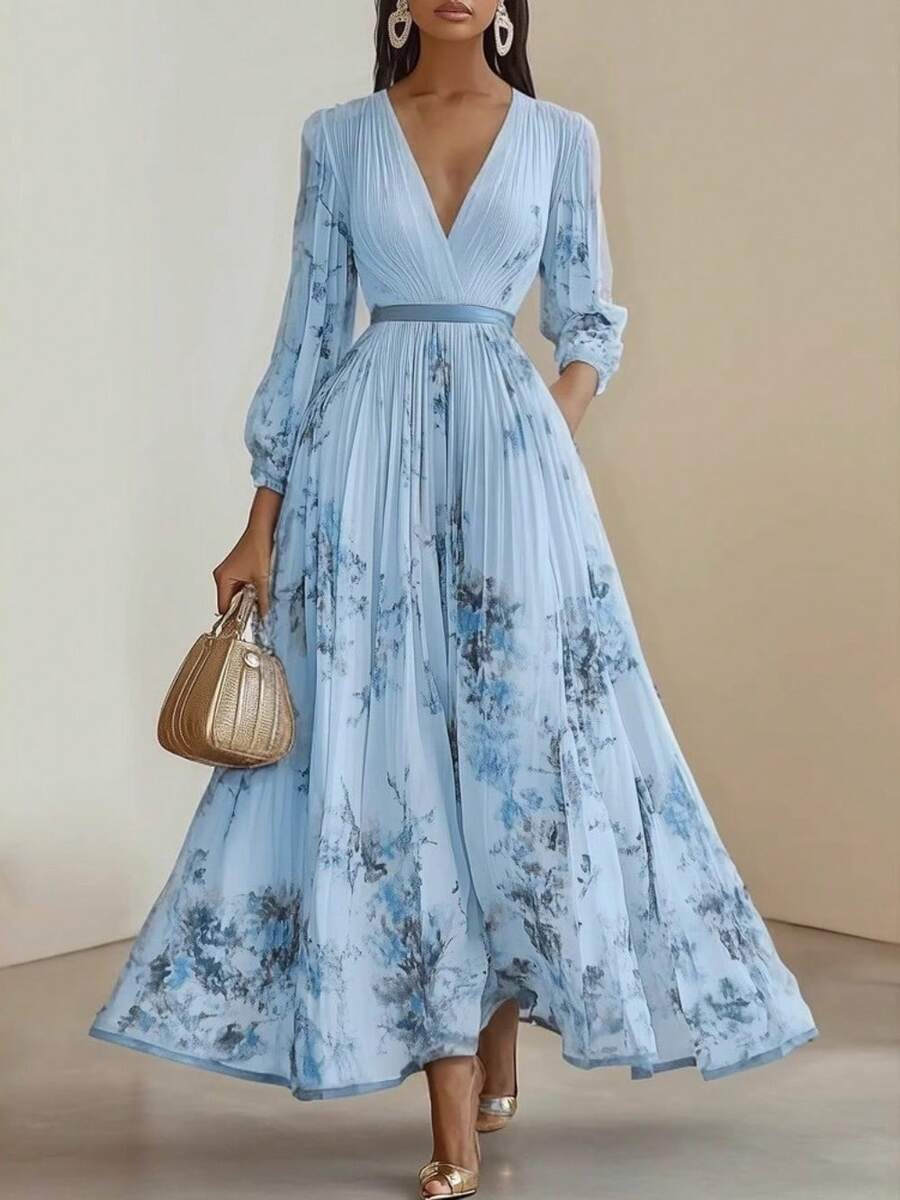 Vestido elegante de estilo intelectual con estampado largo para vacaciones - Azul - Ver 1