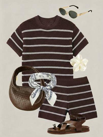 Bộ đồ nữ Senya gồm áo tay ngắn và quần short dệt kim xuyên thấu khoét lỗ cổ tròn kẻ sọc, thích hợp mặc hàng ngày, đi nghỉ mát, du lịch, đón năm mới, hoặc mặc ngoài vào ngày Valentine, thích hợp cho mùa hè và đi biển.