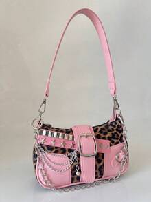 Fashionable Versatile Crescent Moon Bag, Y2K Millennium Chain Strap Shoulder Bag, One Shoulder Underarm Bag, Pearl Strap, Handheld One Shoulder Crossbody Bag, Chain Small Bag, Multiple Interchangeable Straps - Hồng - Xem 3