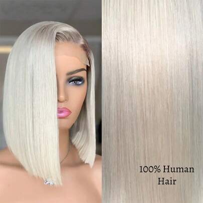 180%密度13x4蕾丝前假发，沙龙级天鹅绒灰金色短波波头假发，100%真人发，适合白种人女性，自由分缝，10英寸/12英寸，2026新款假发