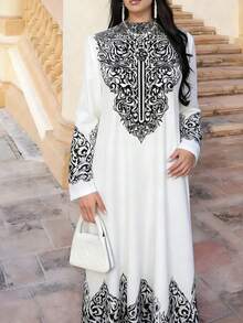 New Style Black & White Patterned Stand Collar Zip-Up Long Dress, Stand Collar Design Flatters Neckline, Loose Silhouette Suits Various Body Types, Comfortable And Stylish, Suitable For Casual Wear, Cultural Experience, Vacation, Party, And Versatile Styling Spring Elegant - Black and White - View 4