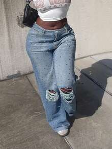 Y2K 水钻装饰宽松直筒破洞牛仔裤，情人节时尚休闲街头风 - 淺色水洗藍 - 查看 8