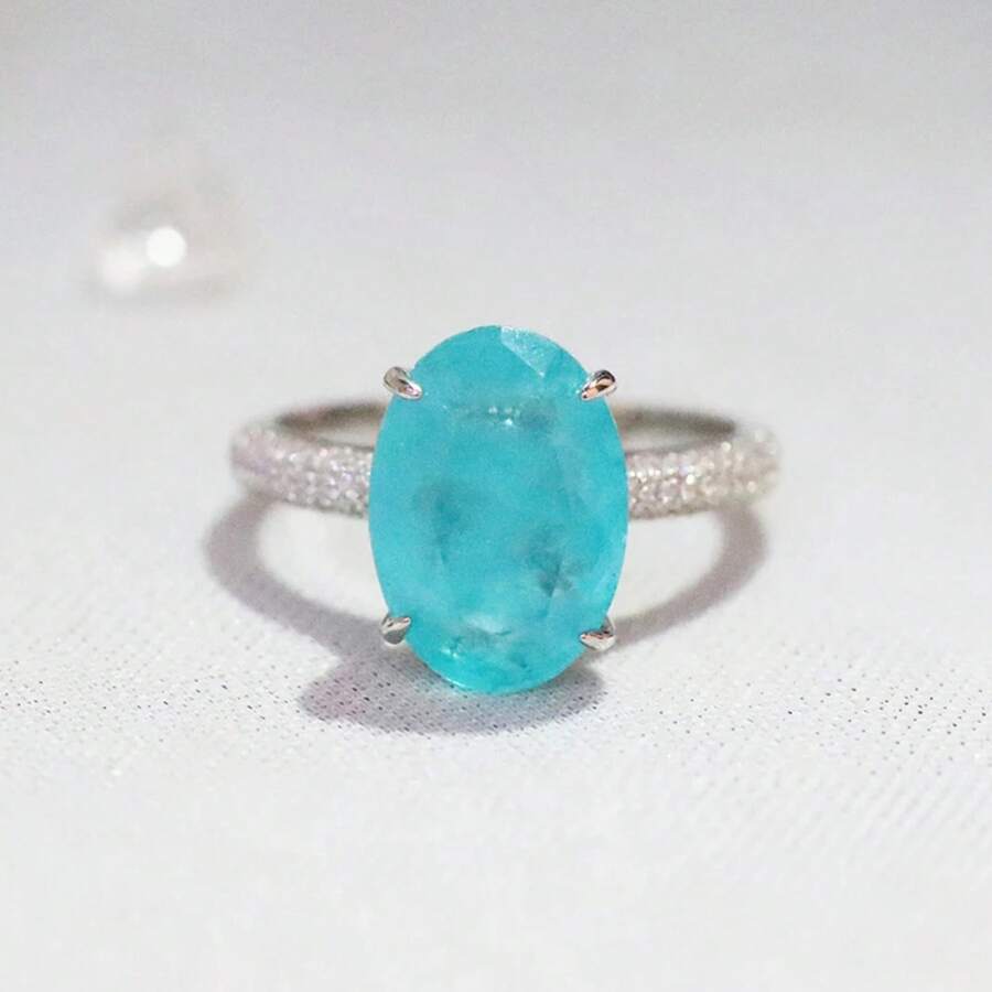 Anillos de dedo ovalados de Plata de Ley 925 para mujer, elegante anillo de turmalina Paraiba, joyería clásica de compromiso y boda VL6T - verde - Ver 1