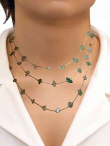 1pc Vibrant Irregular Natural Stone Exaggerated Necklace, Women Jewelry (Natural Jade Color & Shape Randomly Assorted, Handmade Knotting May Cause Uneven Arrangement, Normal For Natural Consumable Items, Cautious For Sensitive Buyers) - Green - View 5