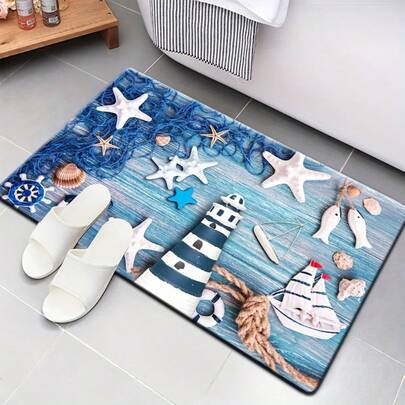 1pc Lighthouse, Seashell, Anchor & Wood Grain Pattern Printed Doormat, Suitable For Kitchen, Dining Room, Hallway, Bathroom, Bedroom, Study, Computer Room, Indoor/Outdoor Entrance, Welcoming Mat, Home Decor - Ideal Choice