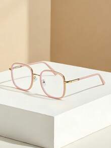 1副金属框椭圆形装饰素面玻璃眼镜，复古风格 - 粉色 - 查看 2