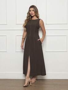 DUOUNO MODAS - MARANTE WOMEN'S LONG TANK DRESS WITH BACK ZIPPER AND POCKETS - WOMEN'S LONG DRESSES - Marron oscuro - Ver 5