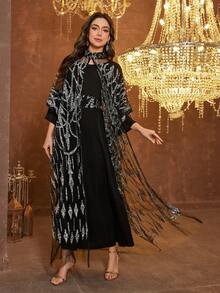 SUPGIR [Random Print] Women's Long Sleeve Sequin Patchwork Waist Tie Evening Dress - Black - View 8