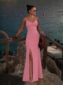 Long Plain Dress With Slit And Adjustable Straps For Wedding Party Bridesmaid Guest - 淺粉色 - 查看 1