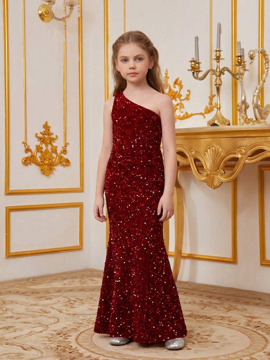 Vestido de sirena con lentejuelas sin hombro y espalda descubierta para fiesta de niña preadolescente - Burdeos - Ver 1