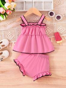 2 pièces/set Ensemble débardeur + short pour bébé fille, décontracté et mignon avec nœud, adapté pour l'été et les sorties, tenue à bretelles pour bébé fille - Rose vif - Voir 2