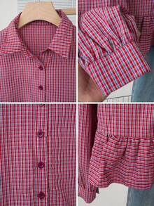 女士春夏蓝色格子下摆荷叶边拼接衬衫，新款休闲通勤长袖露脐上衣，适合秋季穿着 - 紅色 - 查看 4