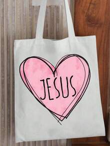 Cowboy Canvas Tote Bag Jesus Heart Design Pink Love Religious Christian Statement Art For Supermarket Shopping Daily Use And Travel - White - View 3