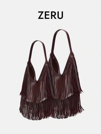 时尚流苏手提包，纯色柔软皮革个性化时尚单肩包，女士