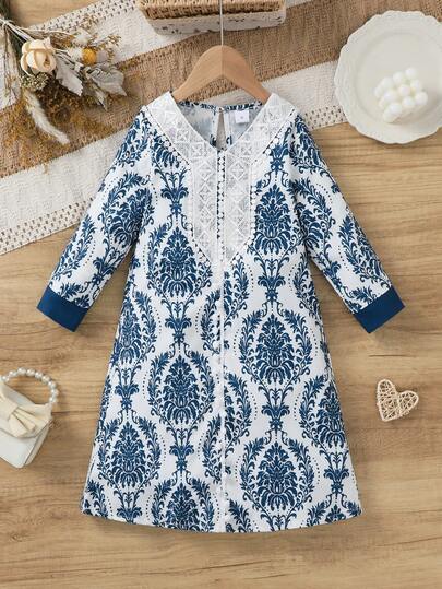 Purechapter 1pc Middle Eastern Ramadan Young Girls' Summer Print Dress, V-Neck Lace Trim Design, Mid-Length Sleeves, Suitable For 4-7 Years Old Girls Casual Wear, Outdoor Activities, All Seasons