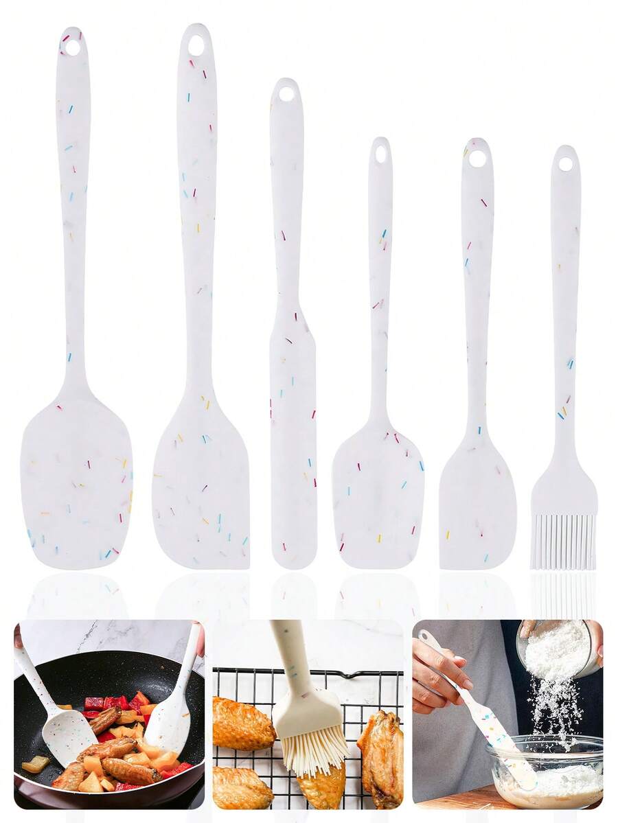 6pcs Silicone Scraper Set,Silicone Baking Set, Cake Cream Spatula, Jam Spreader, Silicone Oil Brush, Sugar Coated Spatula, Kitchen Cooking Spatula, Butter Spatula, Long Handled Baking Scraper, Pastry Brush, Baking Pan Oil Brush, Can Be Used For Stir Frying, Spreading And Stirring Cream, Jam, Chocolate, Butter And Batter - Multicolor - View 1