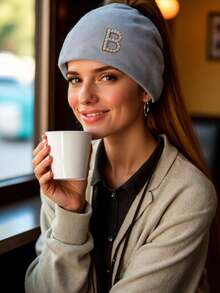 1Pc A-Z Pearl Alphabet New Stylish European & American Knitted Ponytail Hat For Women, Versatile & Warm Outdoor Beanie - Grey - View 2