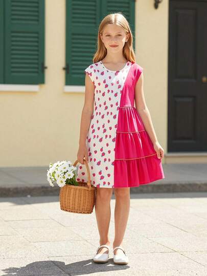 Đầm ngắn tay cổ tròn in họa tiết phối màu dễ thương, kiểu dáng thường ngày cho bé gái, thích hợp cho mùa xuân/hè.